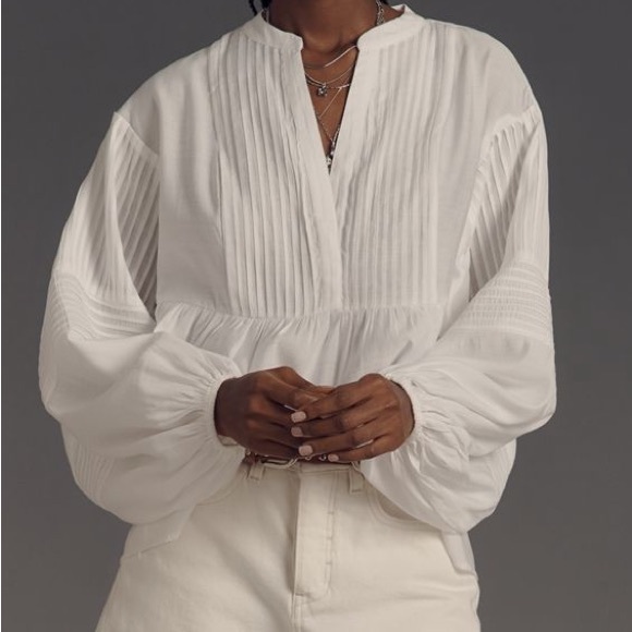 Maeve  for Anthropologie-White Pintuck Front Band-Collar Blouse - Picture 3 of 7